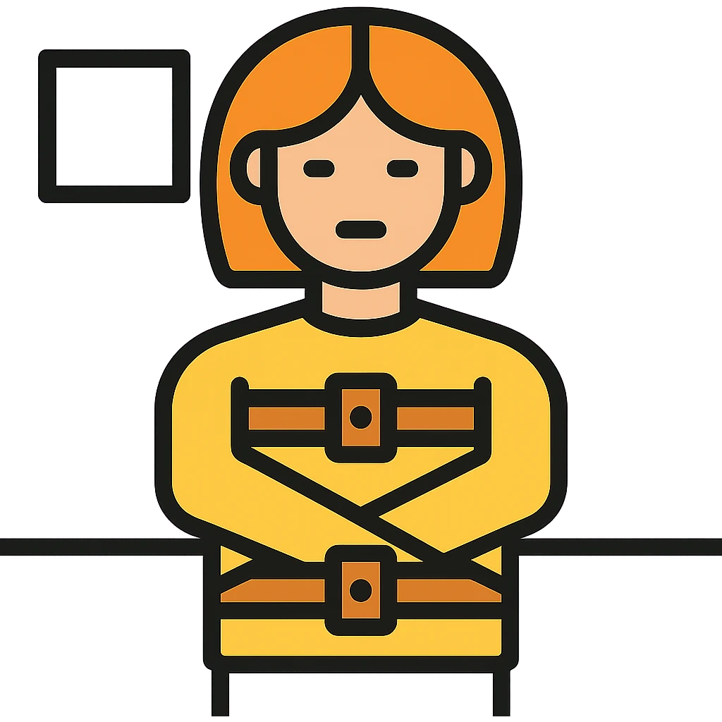 Add a simple room background to the woman in a straitjacket in color outline icon style. emoji