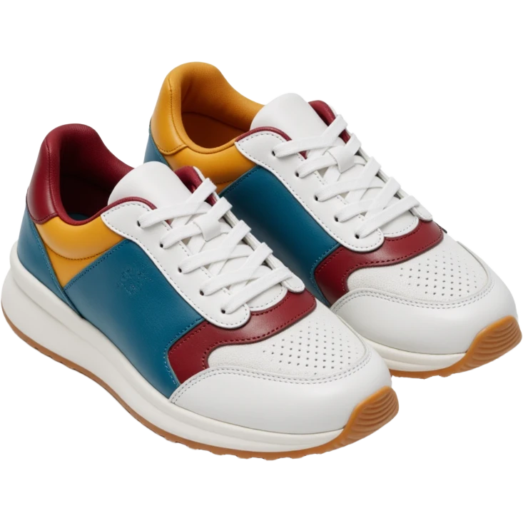 A pair of luxury designer sneakers in a studio product photo. The sneakers have a modern, sporty look with multiple leather panels. The main body is white leather with accents in teal blue, burgundy red, mustard yellow, and grey. The shoe features white laces emoji
