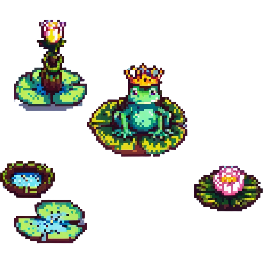 pixel art crowned frog, sitting on a lily pad emoji