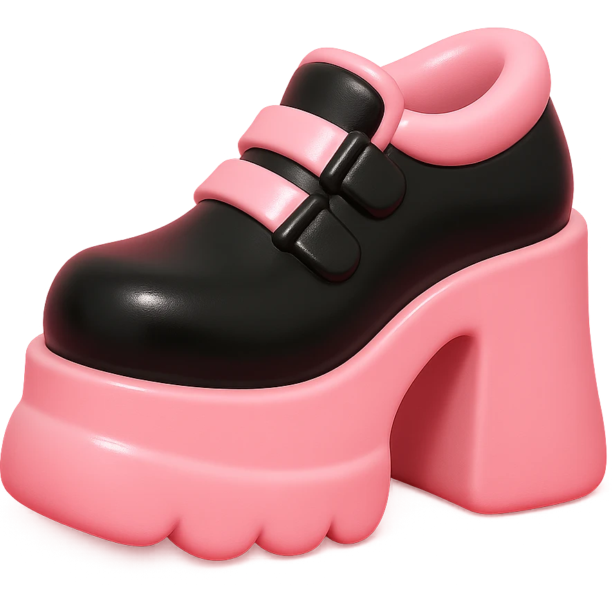 BLACKPINK-inspired gothic shoes, no hearts, black and pink, glossy and bold, vinyl figure style emoji