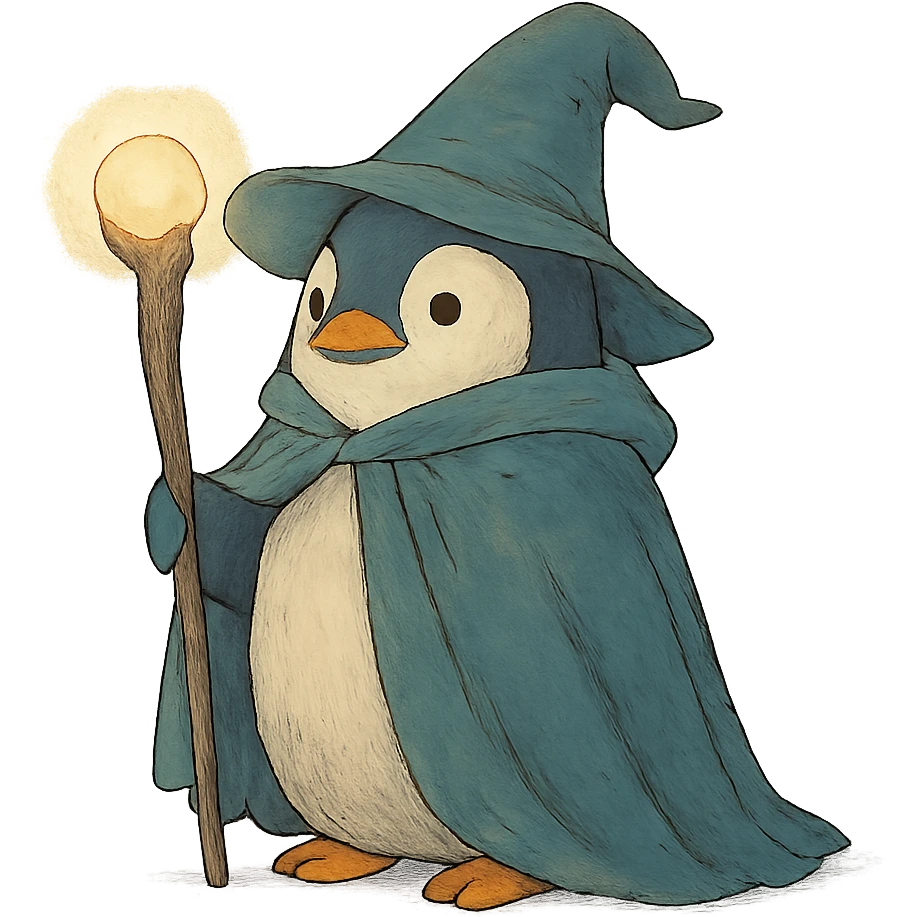 magical atmosphere penguin wizard holding a staff, wearing a wizard hat, ghibli style emoji