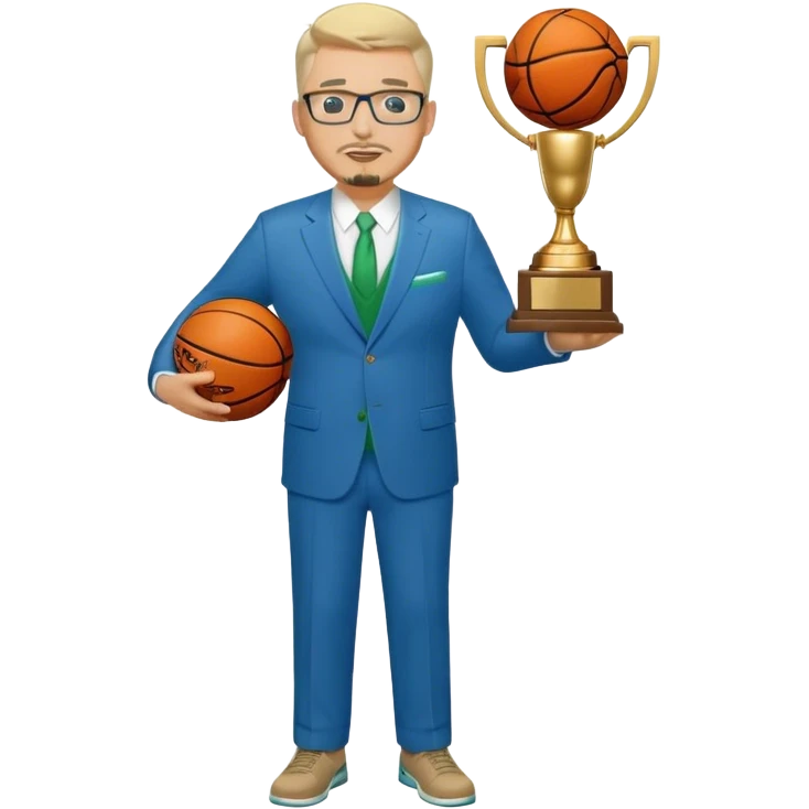 Full Body white male plus size wearing glasses with a goatee with light blonde and gray very short hair happy basketball head Coach in blue and green suit holding trophy emoji