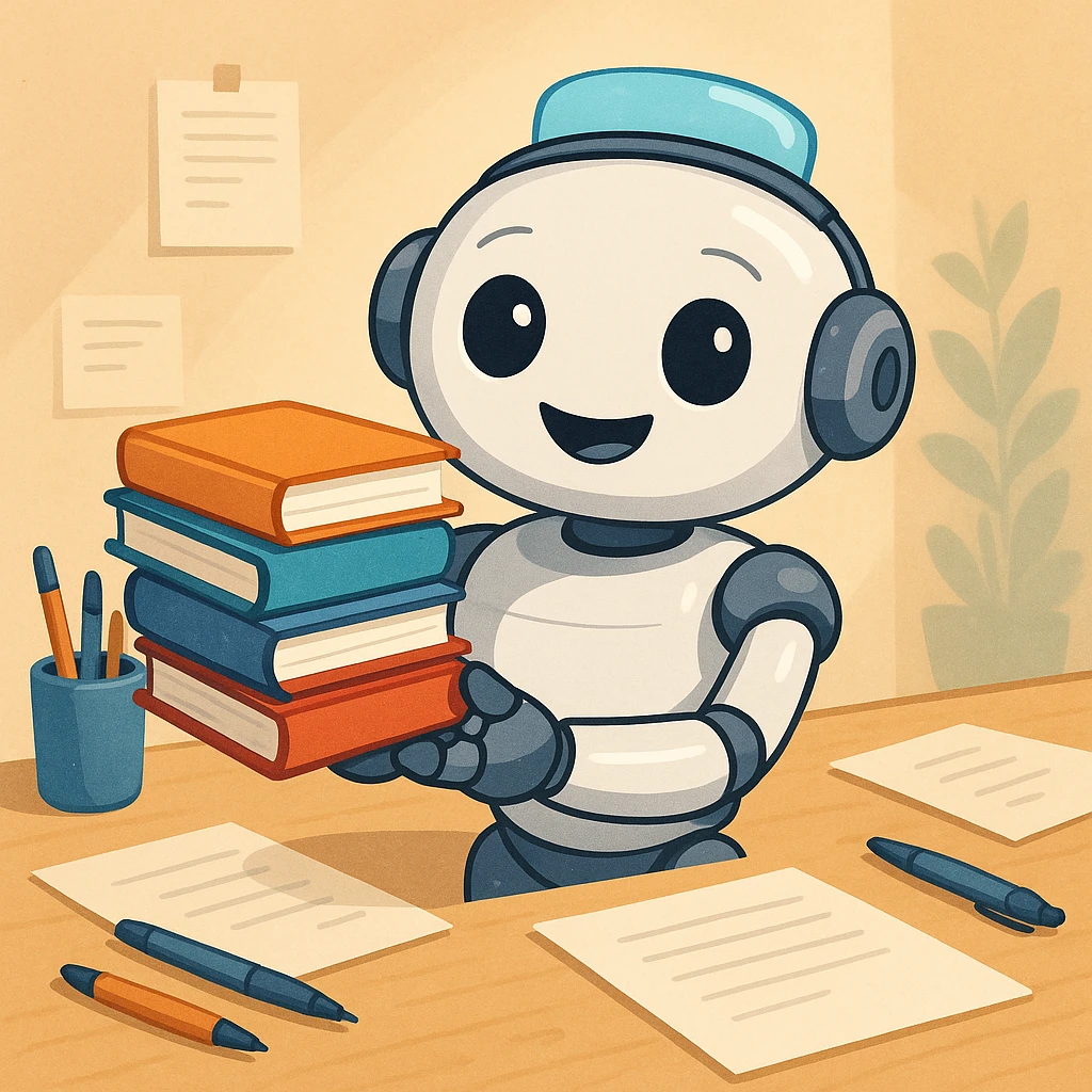 a robot with a stack of books, helpful, for a writing assistant emoji