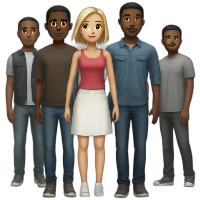 (five black men) standing behind a light-skinned girl emoji