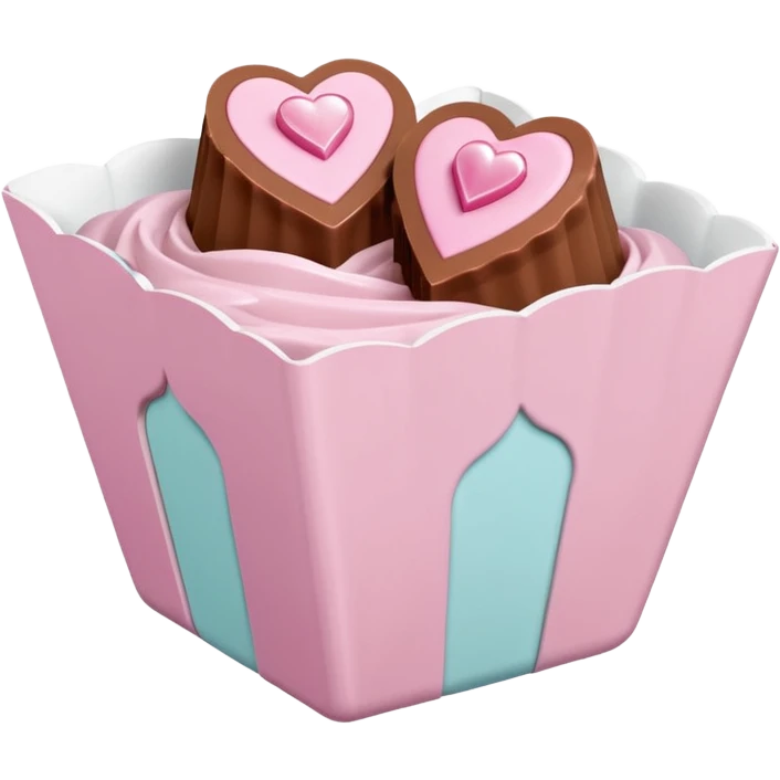 Two sharp-edged square milk chocolate pralines placed diagonally, each in a white fluted paper candy cup, with smooth glossy coating.
Flat thin pastel pink heart icing centered on top with subtle sugar crystal sparkle, clean studio lighting, pure white background, realistic minimal emoji-style. emoji