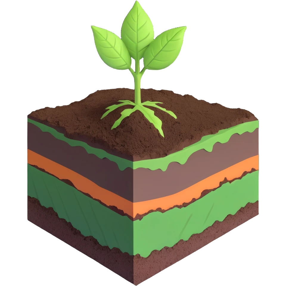 A fresh green leaf resting on the surface of a cross-section of the Earth, where soil and underground layers are visible beneath. Natural lighting, realistic textures. emoji