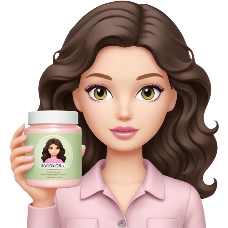 A white Barbie girl with long dark brown wavy hair in pale olive clothes holds Pale pink body moisturizer cream pot with label emoji