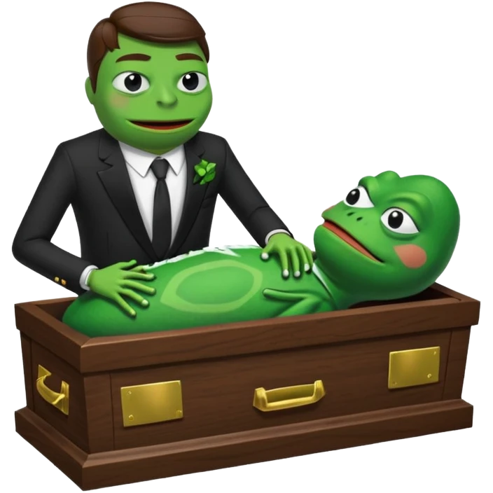 A coffin with "ECHO" written on it, being nailed shut by a Pepe the frog character. emoji