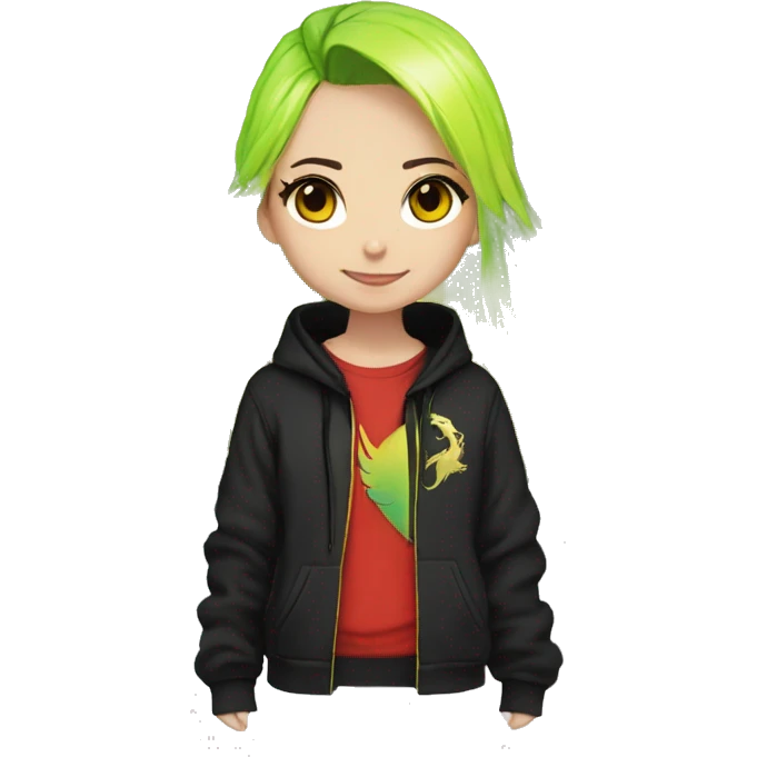 Lady with brunette and iridescent blue hair, gold, lime green dragon wings, black hoodie, bleach dyed, black and gold Nike t shirt, and bright red eyes emoji