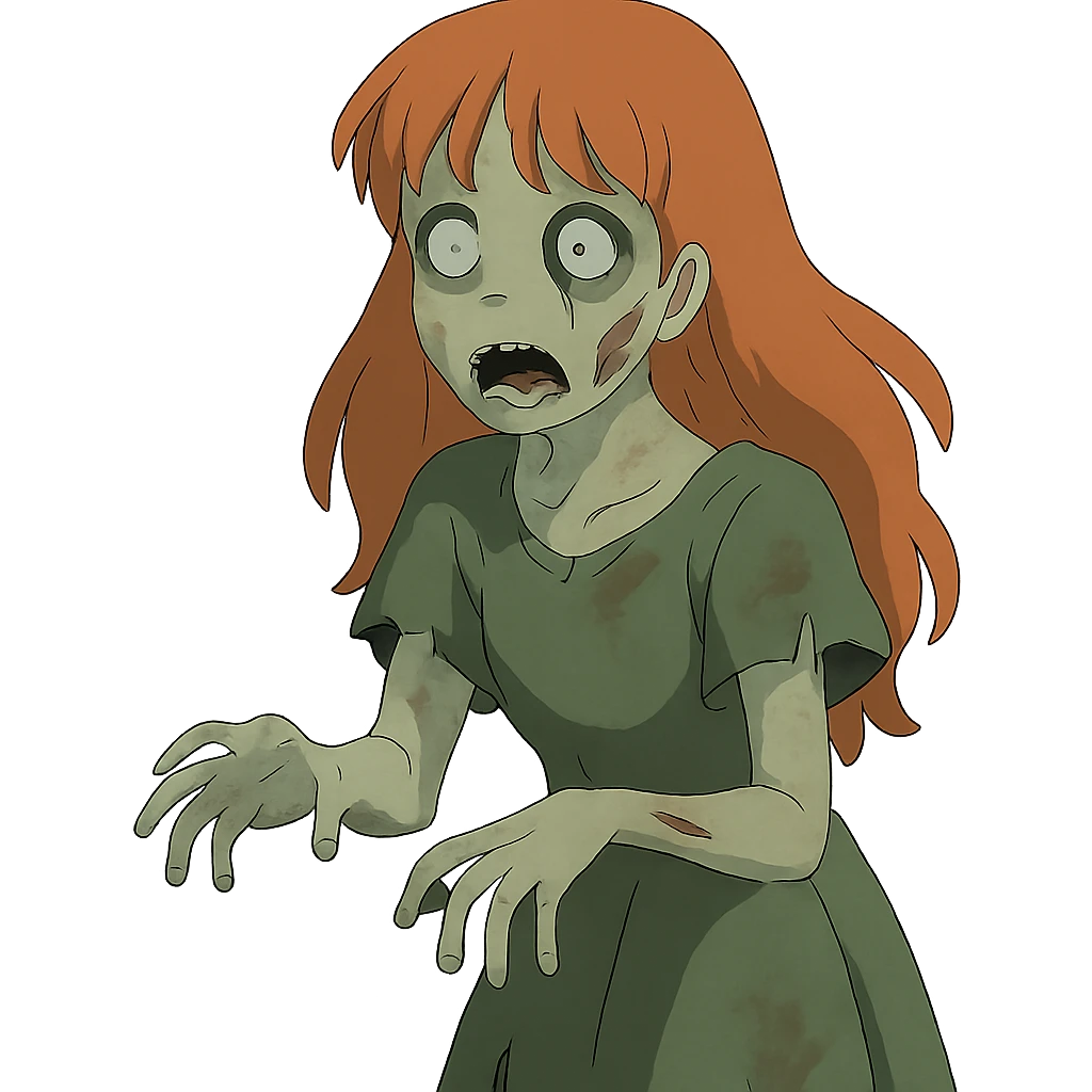 ghibli style zombie girl with long ginger hair and bangs emoji