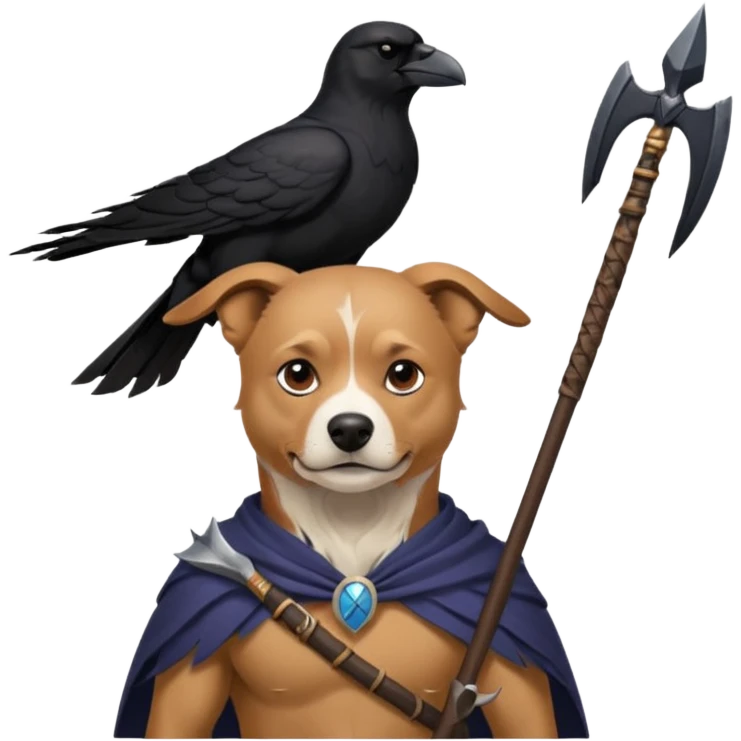 dog odin has spear. he has raven on his shoulder. dynamic pose emoji
