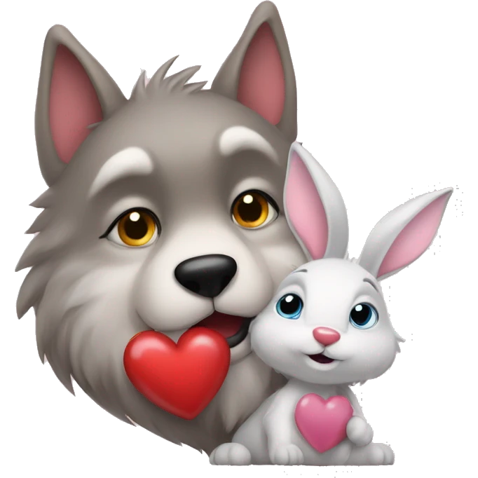 Old big Wolf kisses a white little Bunny who has pink ears, with big red heart between them emoji
