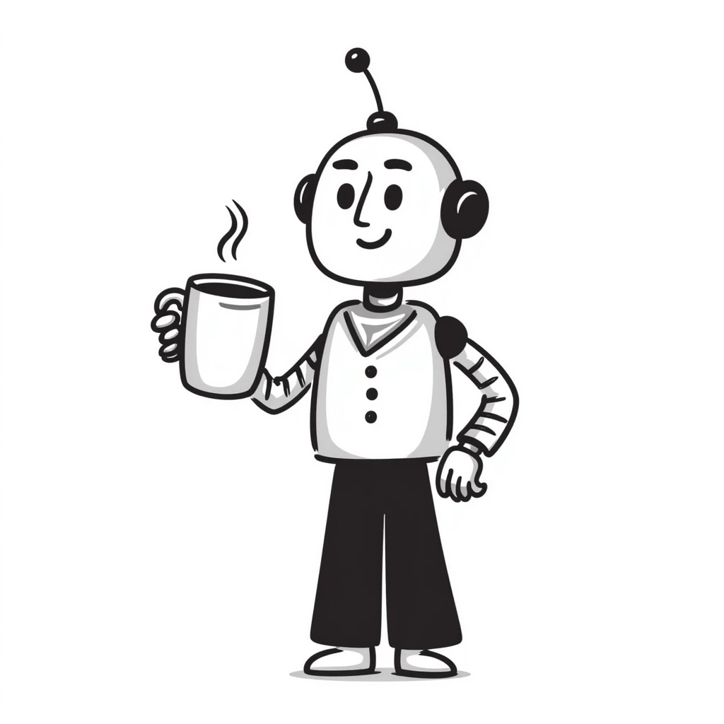 A hand-drawn robot character happily holding a coffee mug emoji