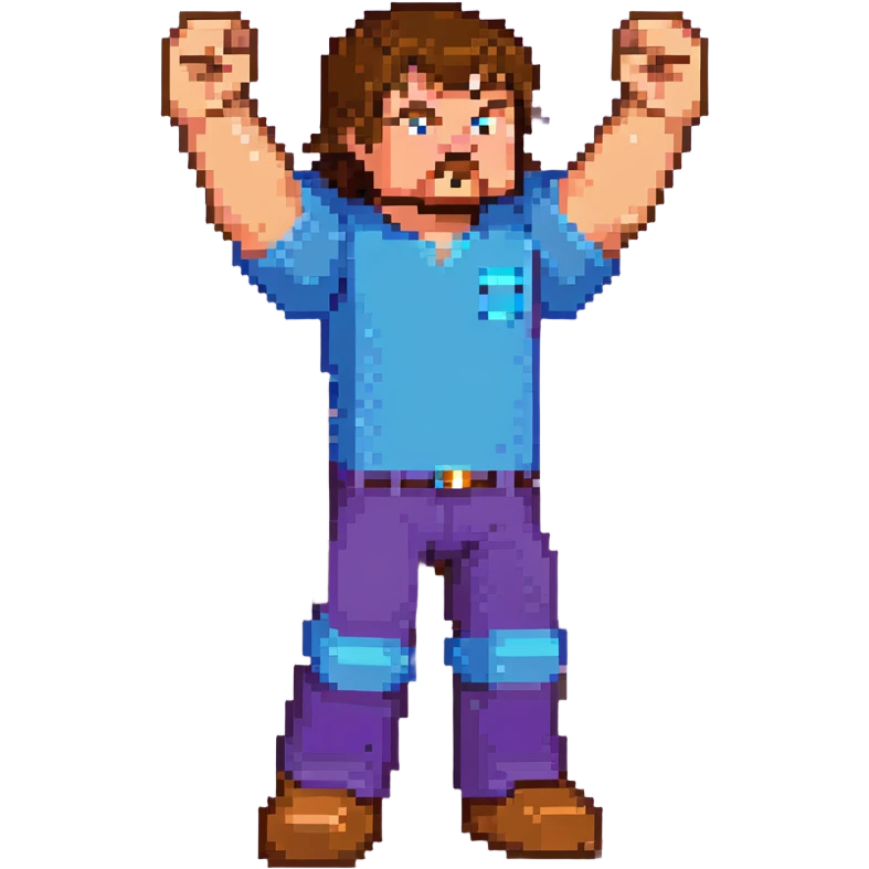 Jack Black as Minecraft Steve in mining pose with arm raised, blocky character with brown hair, blue shirt, and purple pants emoji