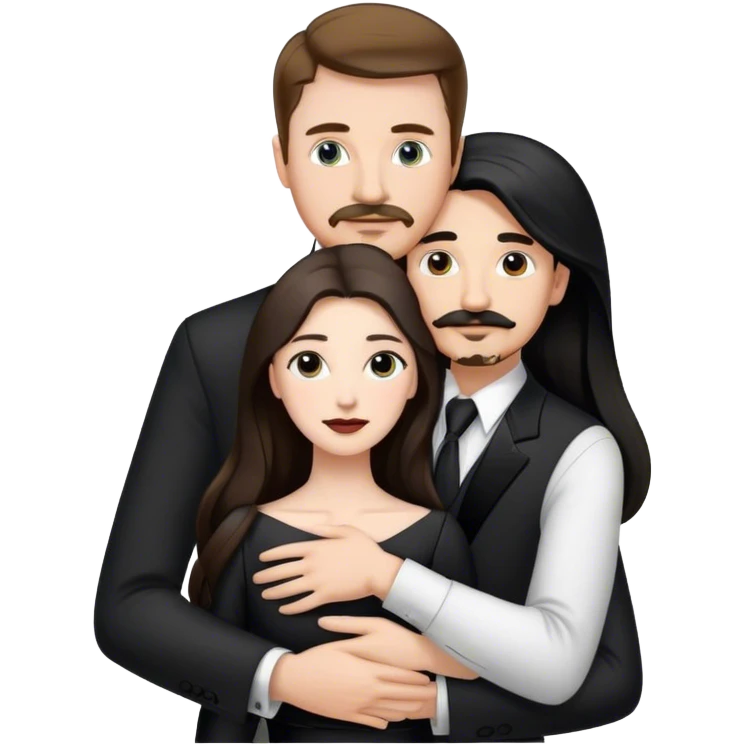 tall white man with brown hair goatee mustache hugging a pale woman with long black hair, wearing black and white formal clothing emoji