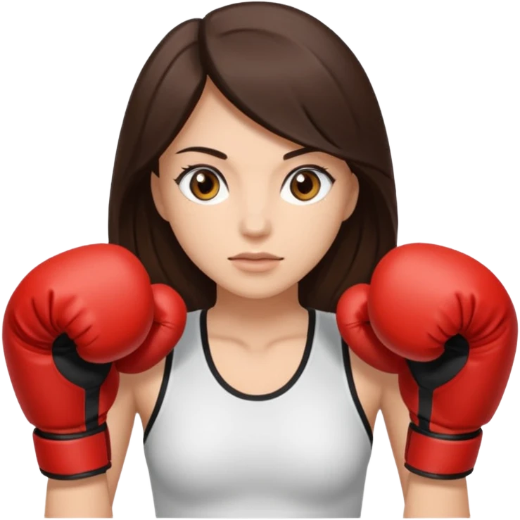 An woman with long dark brown hair in boxing gloves and light brown eyes emoji