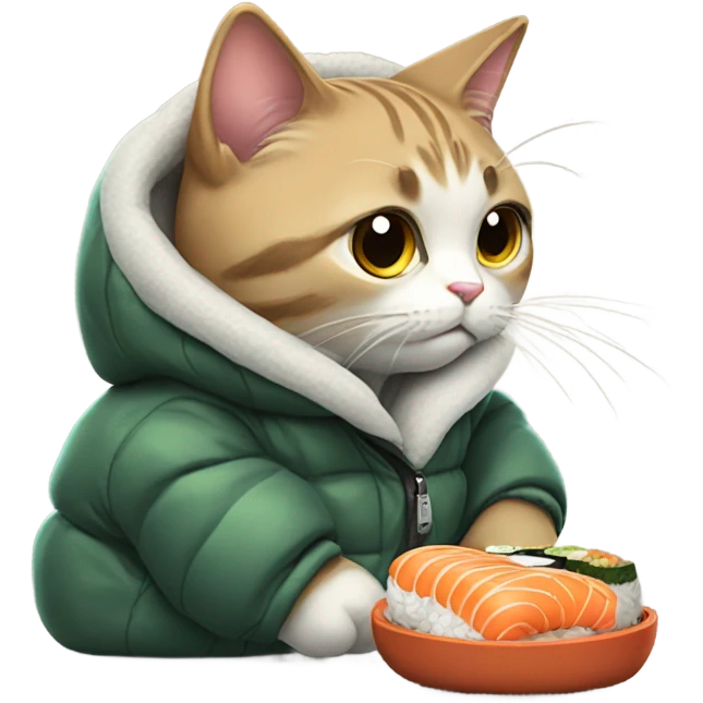 cat in a big puffy jacket eating sushi emoji