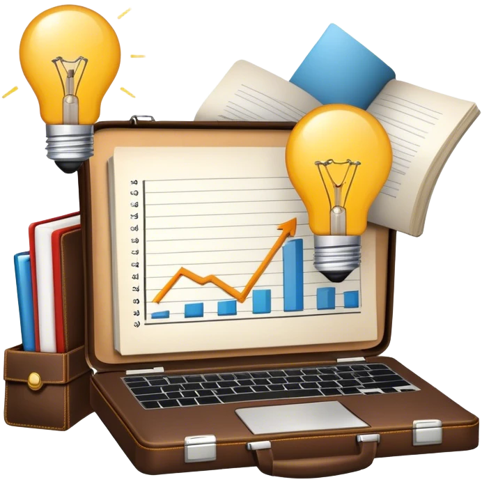 Icon for Business Reading: a prominent book at the forefront, with a briefcase, laptop, and notepad around it, along with a bar graph and lightbulb symbolizing ideas and growth. The icon should represent the knowledge and strategy of business literature. Transparent background. emoji