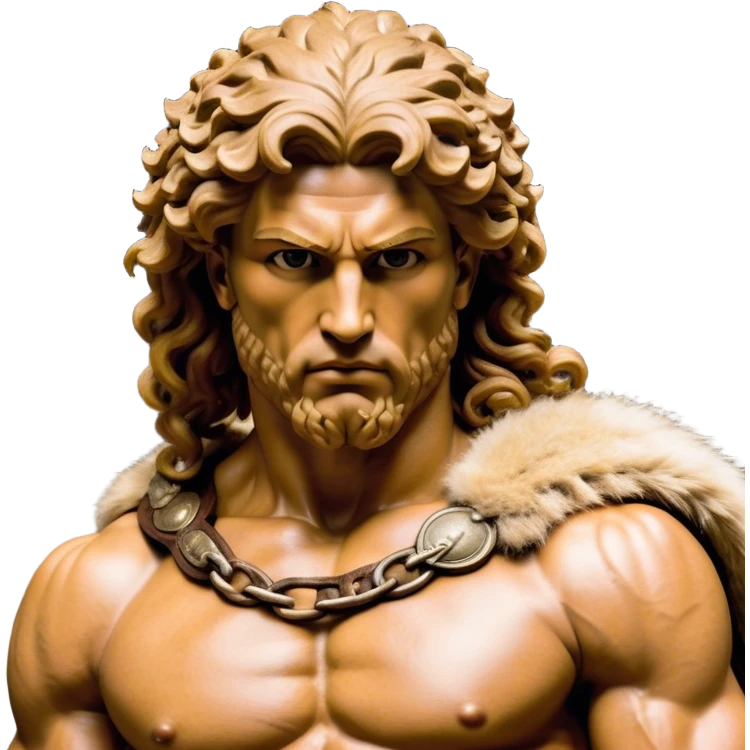 Cinematic Realistic Barbarian Hercules Portrait emoji, depicted as a fierce Greek hero with the chiseled features of Michelangelo's David. His light tan, sculpted skin glows with timeless strength, and his thick, curly, golden brown hair cascades in wild, untamed curls reminiscent of a warrior’s mane. Instead of a flowing white robe with golden accents and a laurel wreath, he wears rugged, weathered leather and fur garments—a tattered, fur-trimmed cloak draped over broad shoulders and a simple circlet forged from iron and bone. His intense, determined eyes exude savage nobility, all rendered under dynamic natural lighting with a mythic, raw, radiant glow. emoji