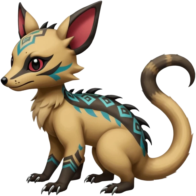 Rare warm-colored exotic cute epic aesthetic gothic colorful Salandit-Eevee-Civet-species-Fakemon-hybrid-creature, with tribal tattoo markings, full body emoji