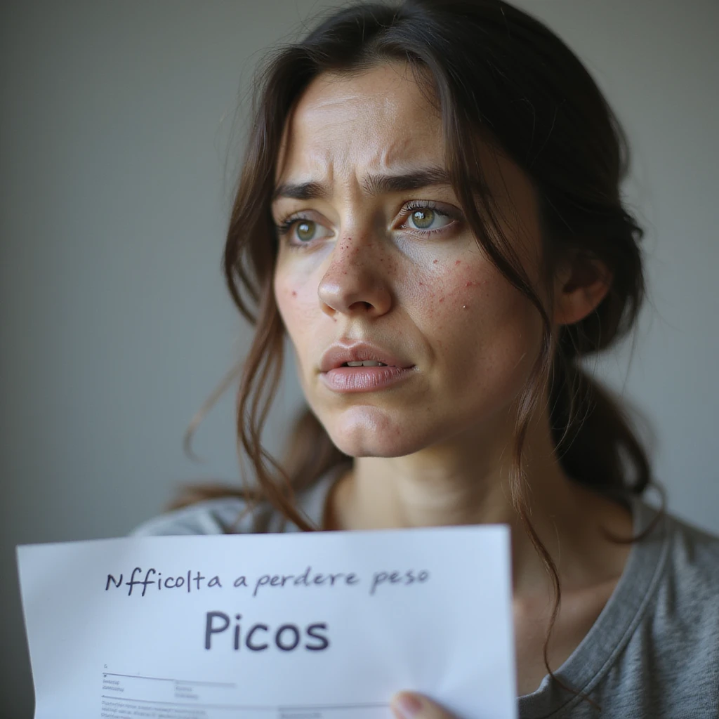 hyperrealistic 4K detailed image of a woman with PCOS, face with acne and chin hair, thin hair, frustrated expression, medical report with the words 'Difficoltà a perdere peso' and 'PCOS' clearly visible, clinical environment emoji