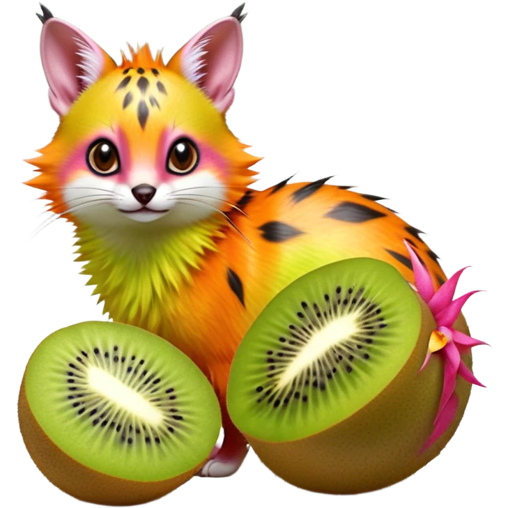 Hyper realistic  tropical-fruit-splash-colored fur of kiwi-lime-gradients, papaya-orange, and dragonfruit-pink chaos beautiful elegant pretty precious cute  Fakémon-Pokémon-opossum-feline-serval-caracal-chinchilla-Furret-Minccino-hybrid-creature with a big fluffy bushy tail (full body) emoji