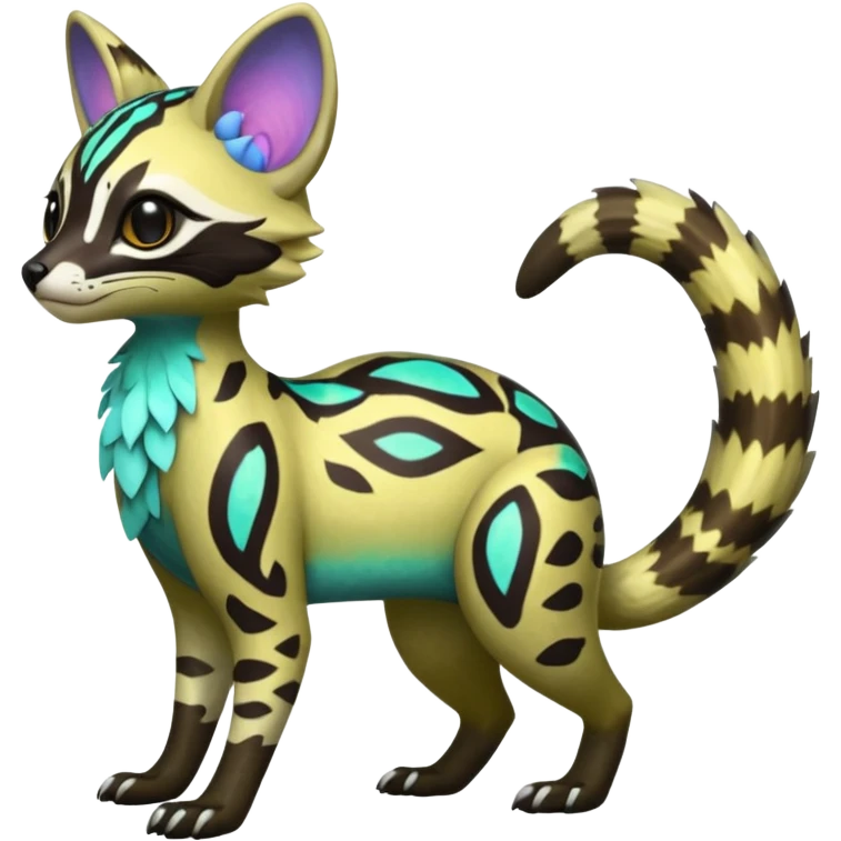 Rare realistic neon-colored iridescent shiny warm-colored lush tropical exotic cute epic pretty beautiful handsome gorgeous aesthetic colorful vibrant Vernid-Protogen-Primagen-Wickerbeast-Genet-Trico-species-Fakemon-hybrid-creature by LiLaiRa, beautiful intricate markings, full body emoji