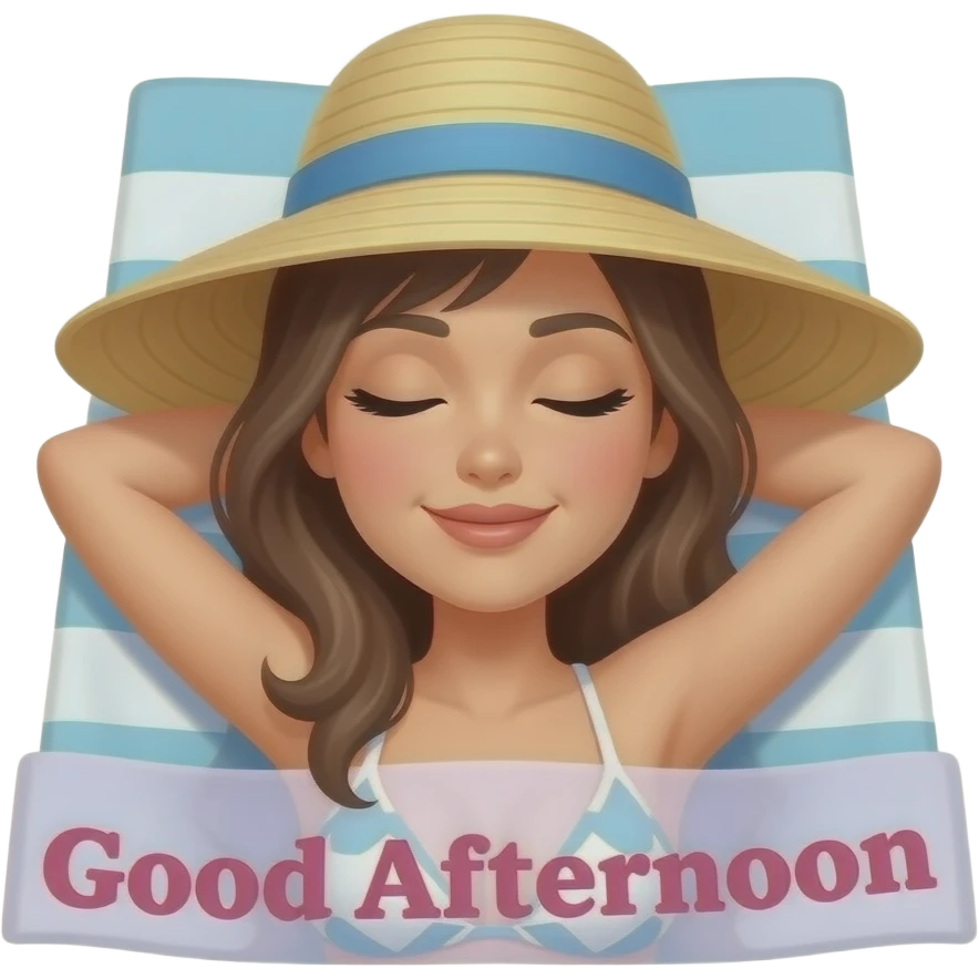 A bikini woman wearinga sun hat lying down on a beach towel tanning on the beach with eyes closed and the words 'Good Afternoon' in pink printed across emoji
