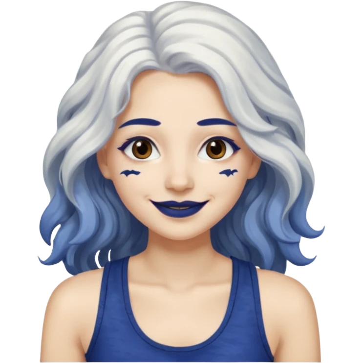 woman with wavy long white hair and brown eyes. She has dark blue lipstick. smiling in a grunge tanktop emoji