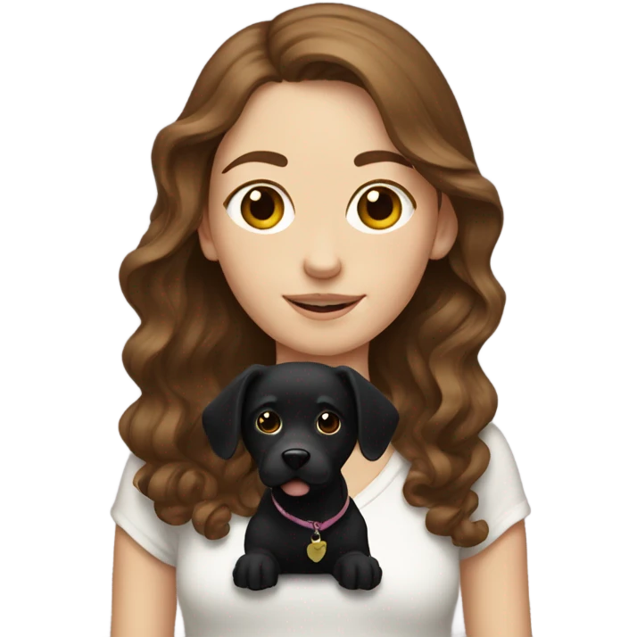 white girl with wavy brown hair holding black dog emoji