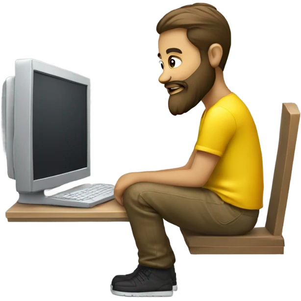 create a boy sitting with apple computer, beard and yellow glas emoji