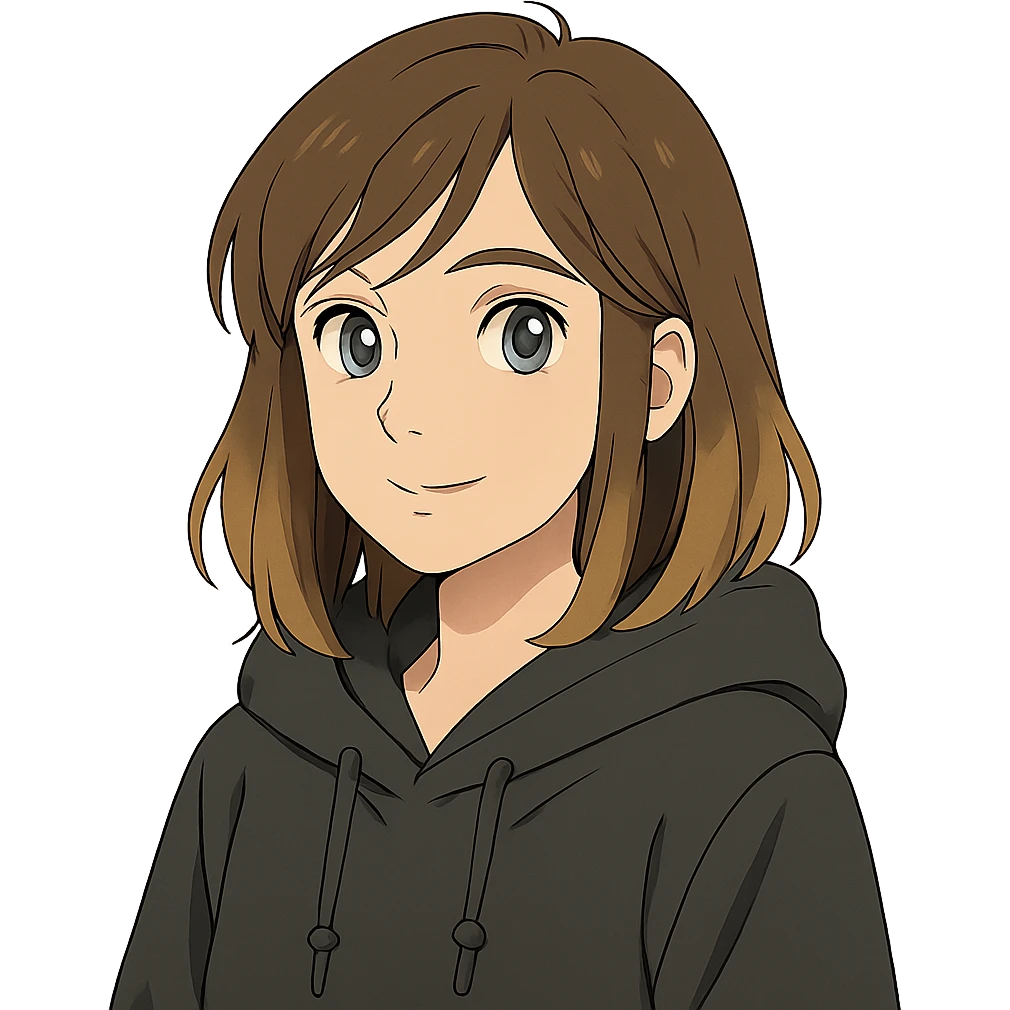 designer girl with blue eyes, brown hair with blonde highlights, black hoodie emoji