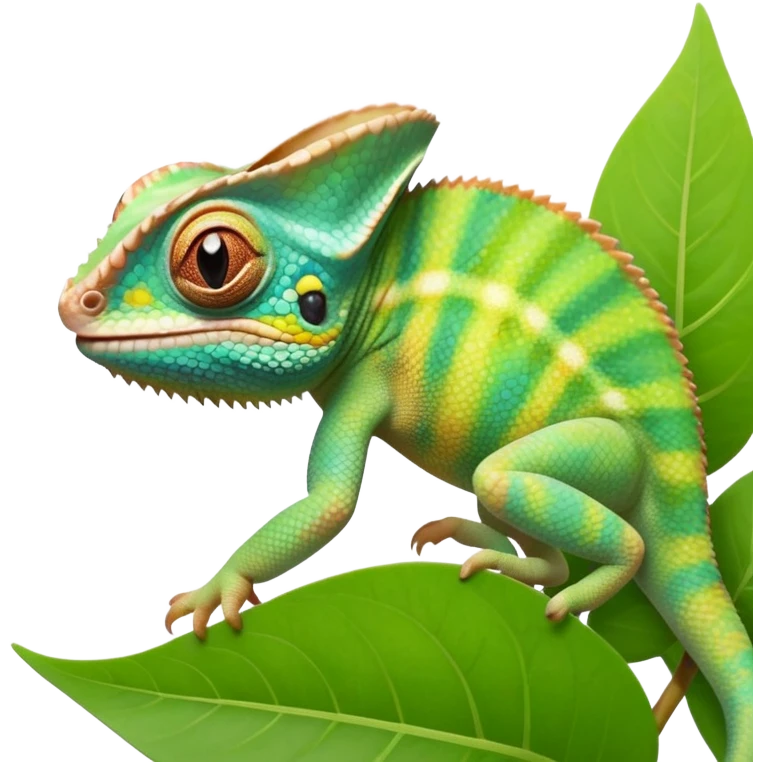 cinematic cute-smiling baby chameleon-realistic emoji,-blending-with-vibrant-greenery.-detailed-scales-in-shifting-colors,-showing-the-chameleon’s-ability-to-camouflage.-soft-natural-light-highlights-its-texture.-light-background, zoomed into its face emoji