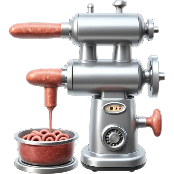 sausage-processing droid. retro-futuristic style. top is a circular industrial meat grinder with rotating gears and blades. Two robotic arms feed material into grinder. Sausage links extrude from the rear like  factory. The body is metallic, compact, and floats above the ground.no legs. Dark humor emoji