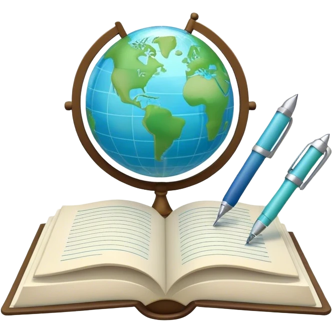 Create an emoji representing language translation. The design should feature a single globe in the background, symbolizing international communication. In front of the globe, place two opened books, with texts in it and a pen nearby to indicate the act of writing and vocabulary. Use a clean and professional color palette with blues, greens, and neutral tones. Do not include any emojis or smiley faces. Make the background transparent emoji