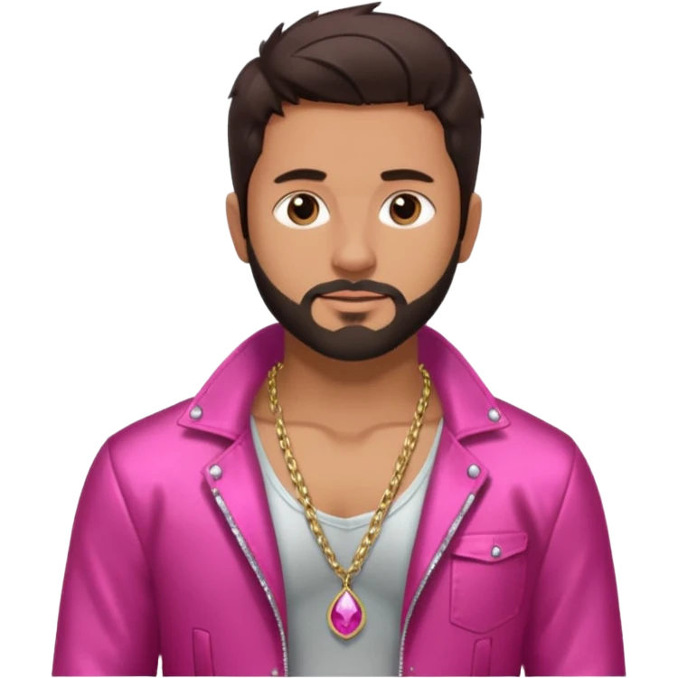 Frankie Zulferino with dark brown hair and short beard shirtless with necklace, dark pink metallic jacket emoji