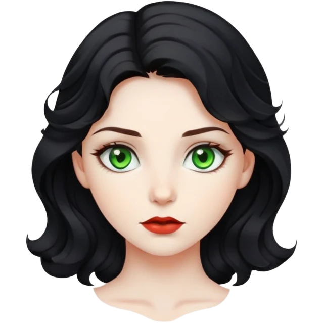 girl with green eyes, white skin, wavy black hair, hint of red hair at the nape emoji