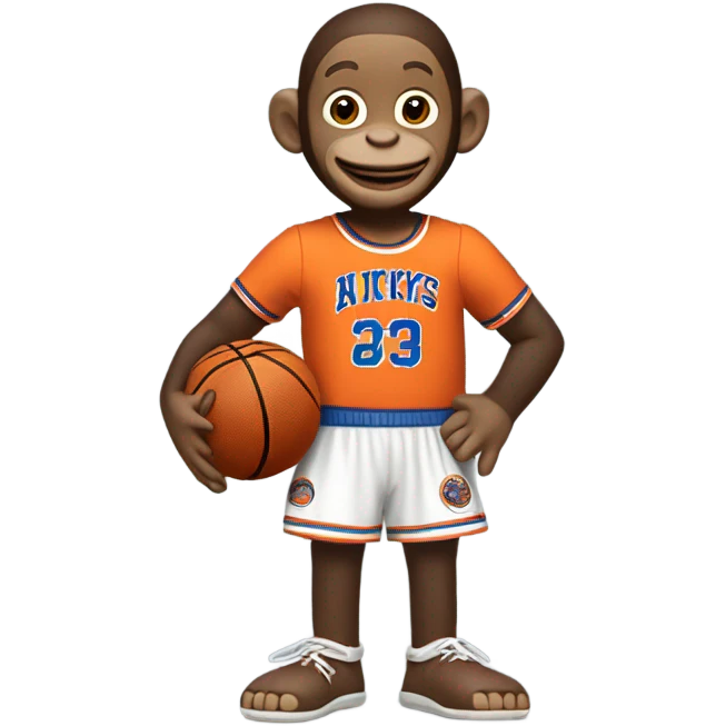   Curious George wearing a knicks jersey holding a basketball emoji