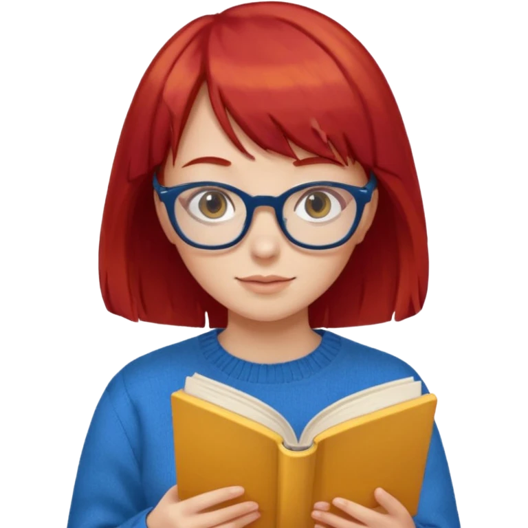 a girl with red hair and bangs with glasses wearing blue sweater reading a yellow cover book emoji