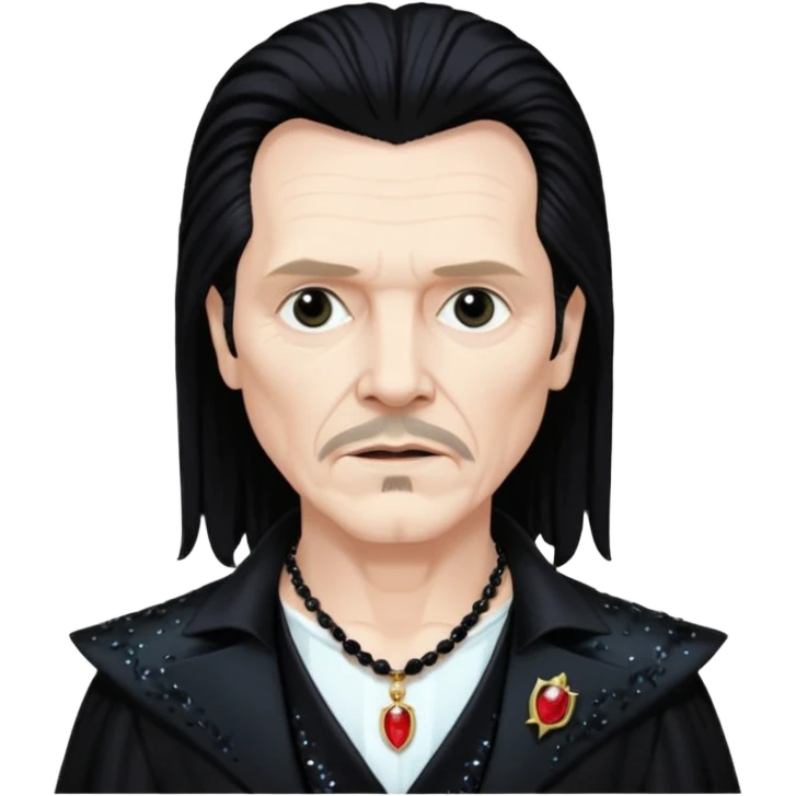 Gary Oldman as Dracula with long black hair, black sequin outfit, shirtless with necklace emoji