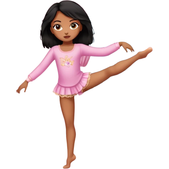 generate a pretty bratz brown skinned girl with messy black hair in pyjamas dancing in room ballet emoji