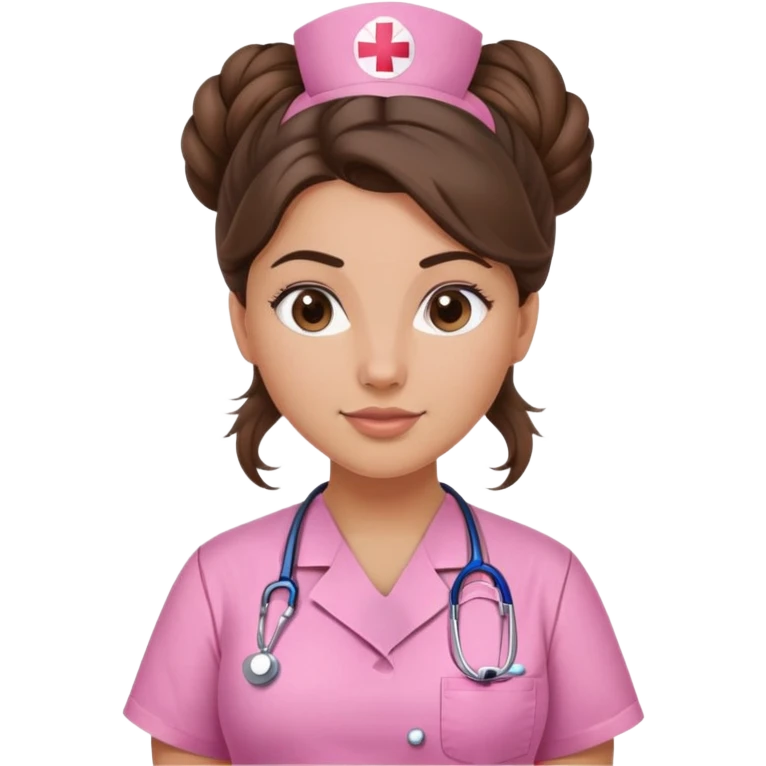 pretty and curvy brunette nurse with long hair in a messy bun in pink scrubs emoji