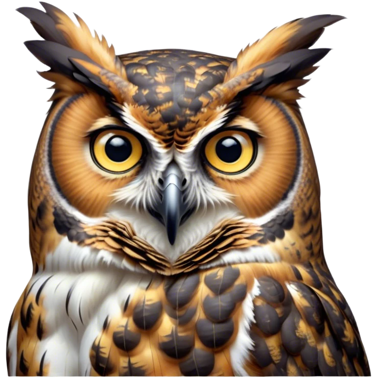Cinematic Deep Thought Great Horned Owl Portrait Emoji, Head held high with a calm, reflective gaze, showcasing a beautifully mottled plumage and piercing golden eyes that seem to ponder the mysteries of the night, Simplified yet majestically refined features, highly detailed, glowing with a soft, contemplative light, high shine, poised and thoughtful, stylized with an air of profound introspection, capturing the essence of an owl deeply engaged in thought, so thoughtful it feels like it could silently share timeless secrets from beyond the screen! emoji