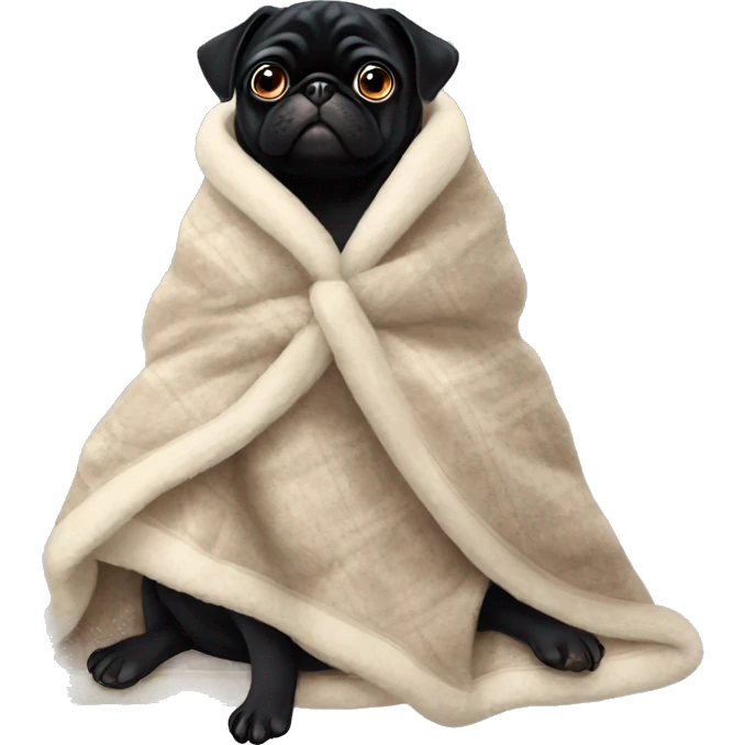 black pug with a cozy blanket around her and a bow emoji