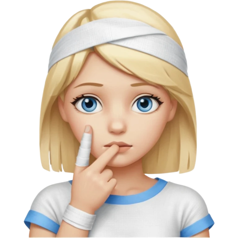 blonde-haired, blue-eyed, fair-skinned girl with her index finger completely covered in a bandage, finger on chin, thinking emoji