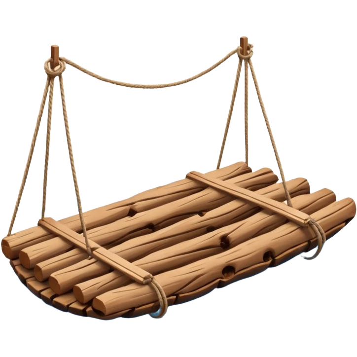 showing a simple wooden raft floating on calm blue water — made of several brown logs tied together with rope — gentle ripples around it — bright, cheerful lighting and soft shadows — minimalist, clean emoji design emoji