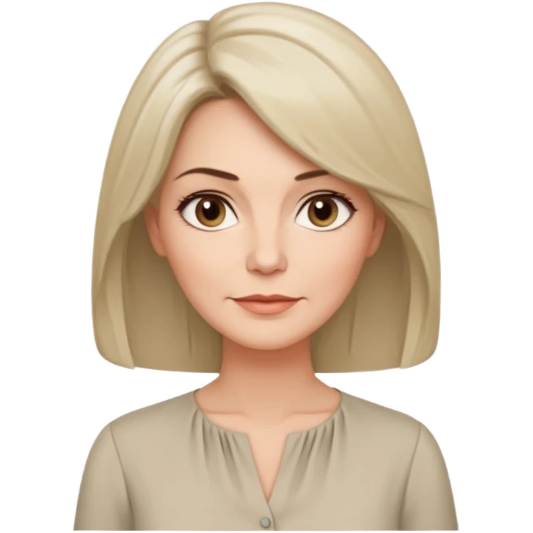 Женщина около пятидесяти лет с аккуратно уложенными волосами средней длины, мягкое, но собранное выражение лица, лаконичная блузка спокойного оттенка. emoji