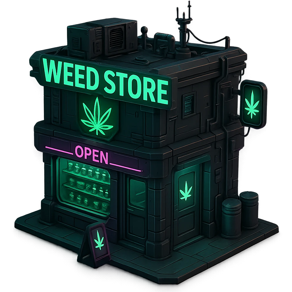 3D model of a weed store, cyberpunk style emoji