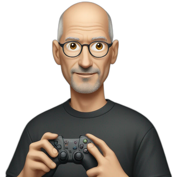 Steve job no hair wearing specs holding ps5 controller emoji