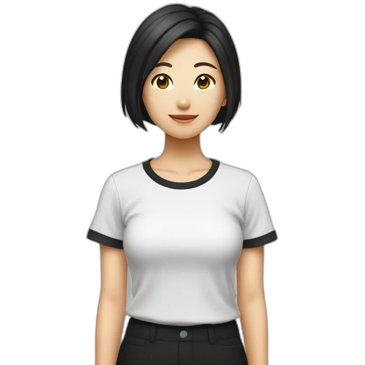 熊井紗良：女性、お団子ヘア、黒髪、tシャツ emoji